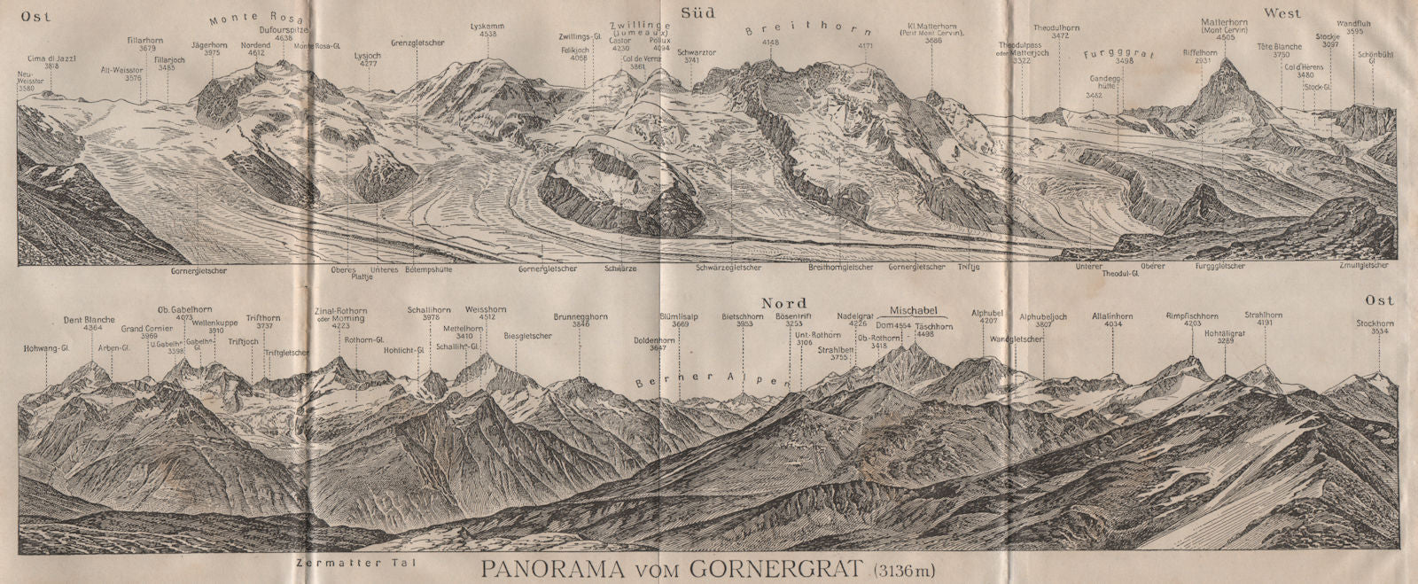 GORNERGRAT PANORAMA. Zermatt Monte Rosa Breithorn Matterhorn Mischabel 1911 map